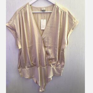 A NEW DAY Beige/Gold Satin Faux Wrap Bodysuit Blouse 1-Piece Size 1X NEW NWT